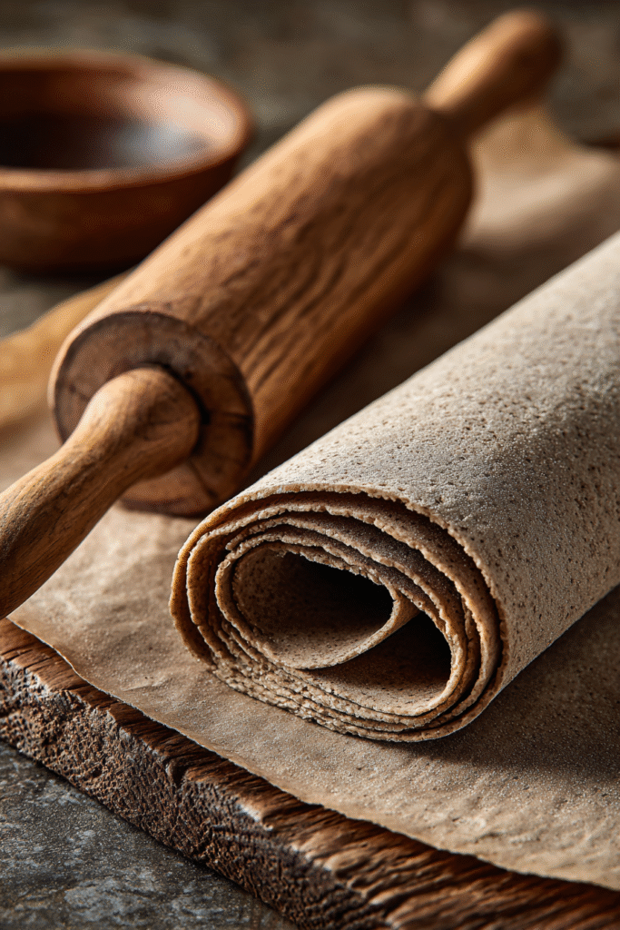 Rolling Medovik honey cake layers on parchment paper