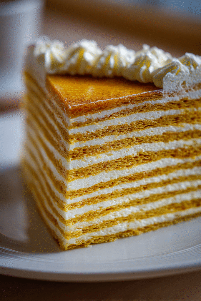 Medovik sliced showing thin honey layers with cream filling