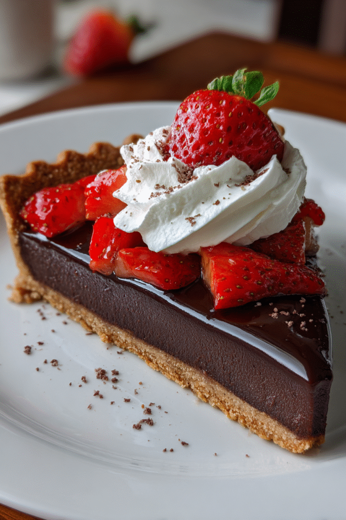 Slice of dark chocolate ganache tart with whipped cream