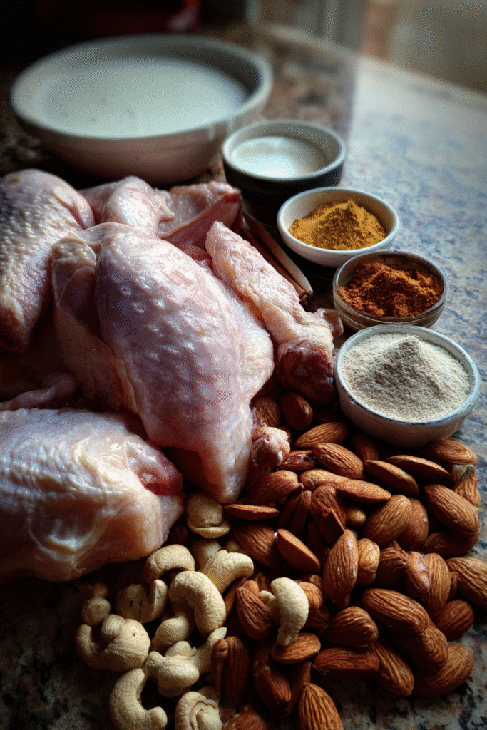 Chicken Korma ingredients displayed on a counter