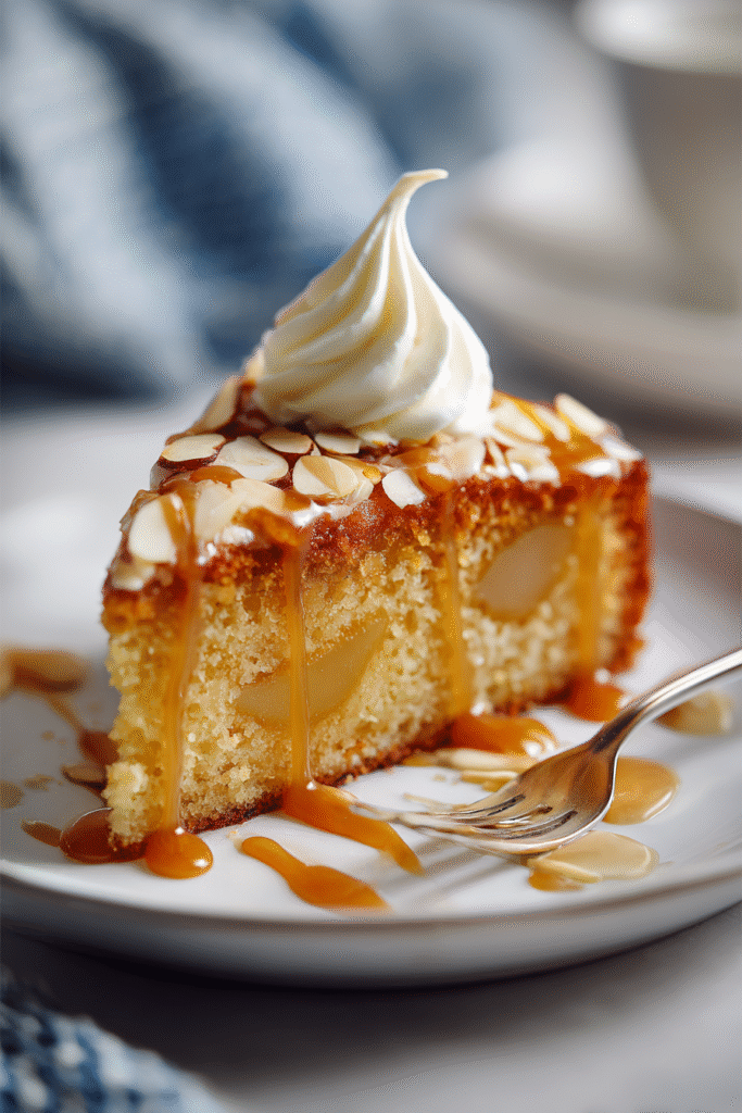 slice of pear and almond cake served with whipped cream