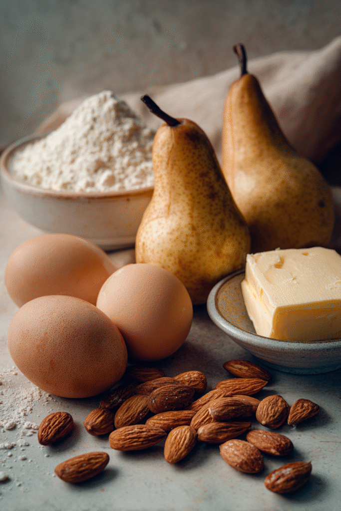 fresh pears and almonds for pear and almond cake