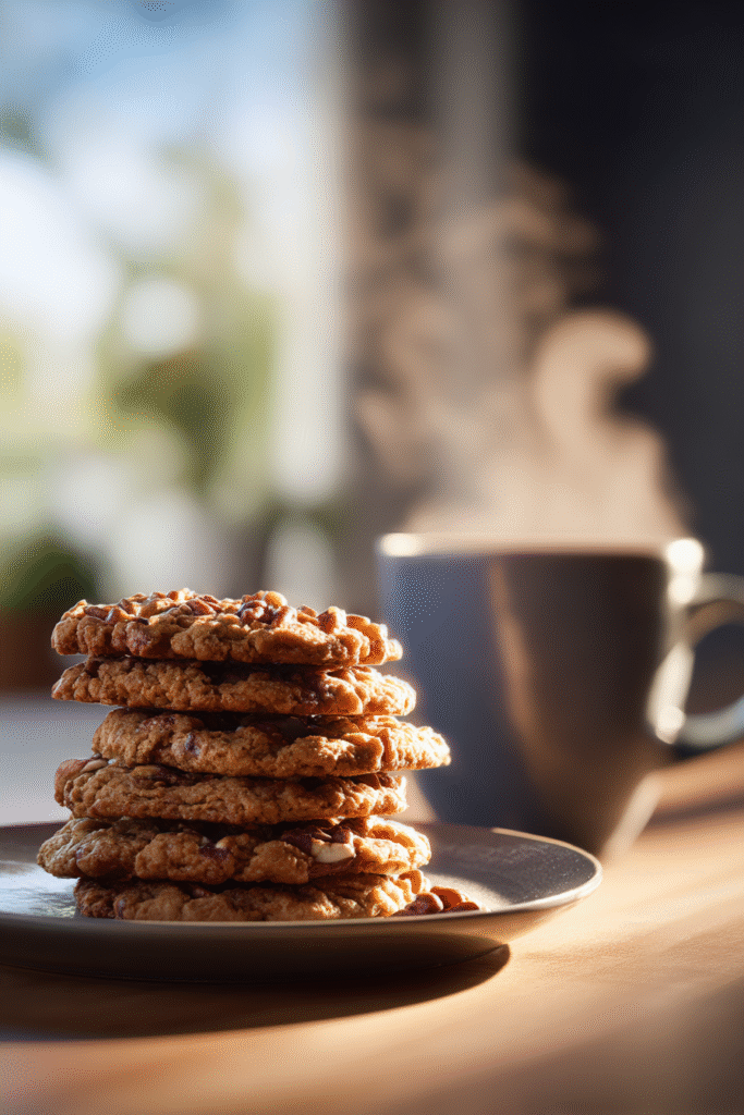 Stack of maple pecan cookies with coffee