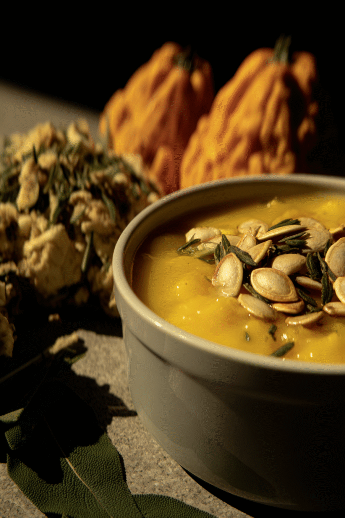 Butternut squash soup with pumpkin seeds and sage