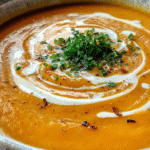 Butternut squash soup in a bowl with cream swirl and herbs