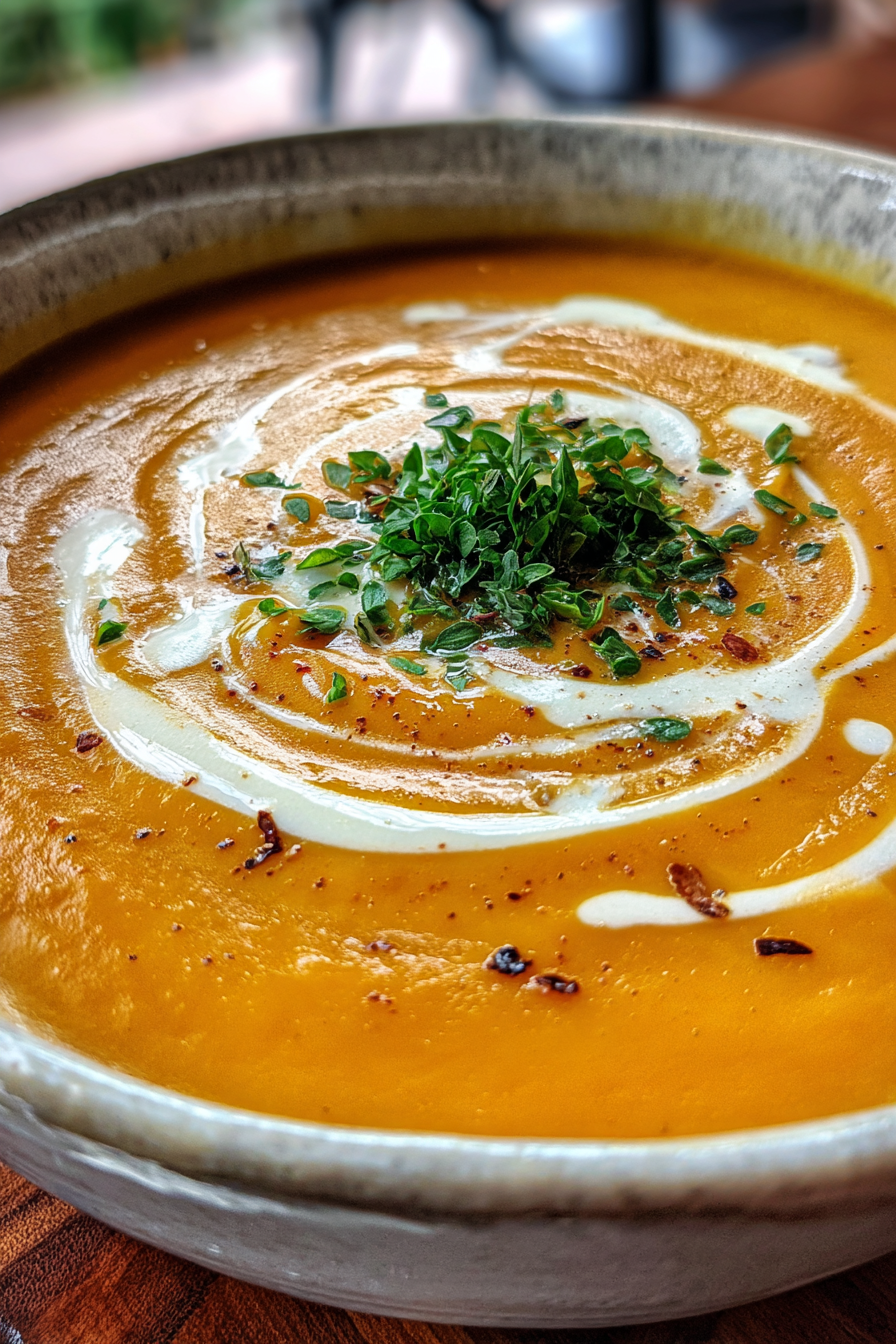 Butternut squash soup in a bowl with cream swirl and herbs