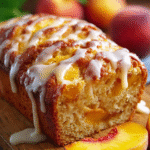 Peach Cake Recipe with fresh peach slices and glaze