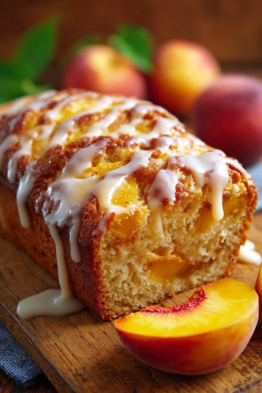 Peach Cake Recipe with fresh peach slices and glaze