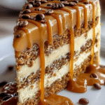 Gooey coffee caramel cake slice with caramel drizzle