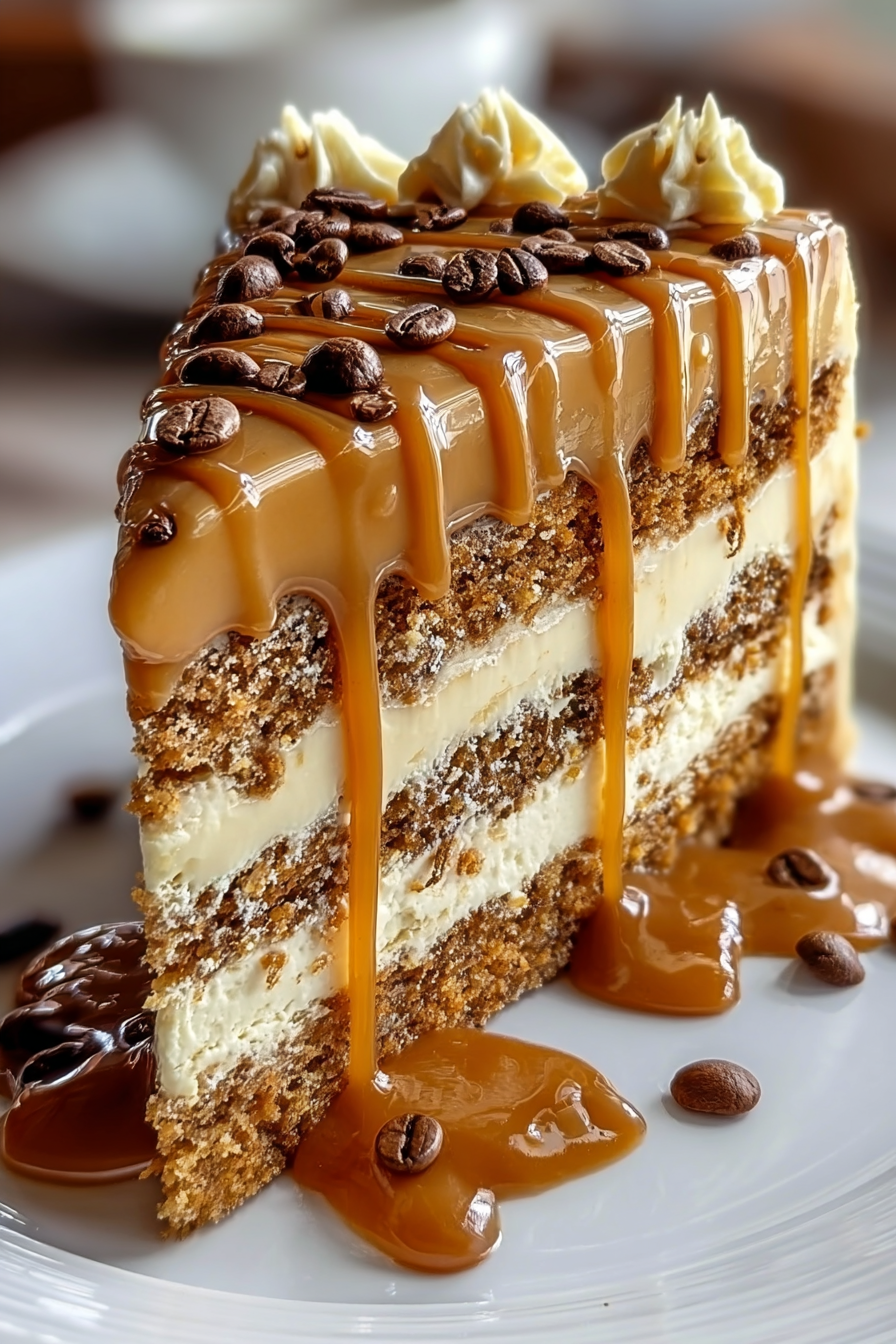 Gooey coffee caramel cake slice with caramel drizzle