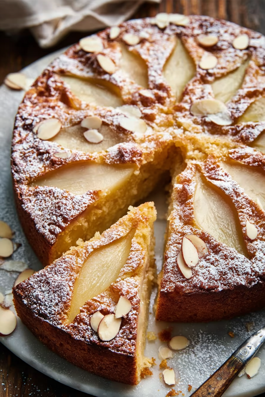 pear and almond cake freshly baked on wooden table