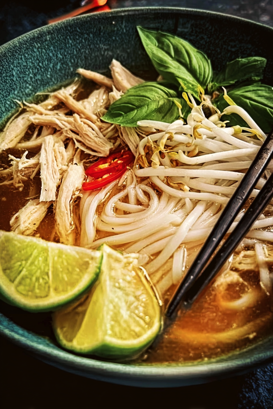 Slow Cooker Chicken Pho recipe with noodles, chicken, and herbs