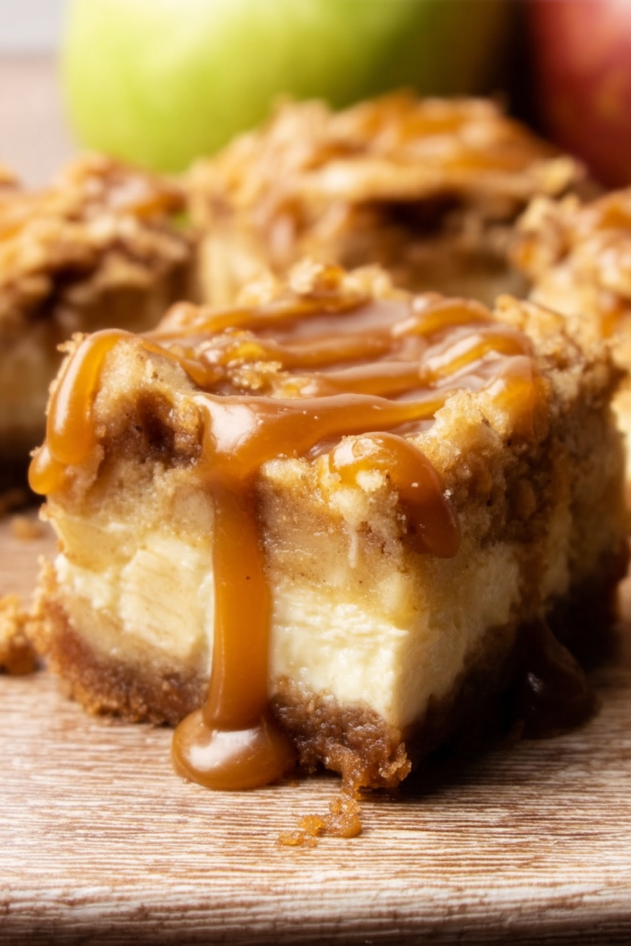 Caramel Apple Cheesecake Bars freshly baked with caramel drizzle