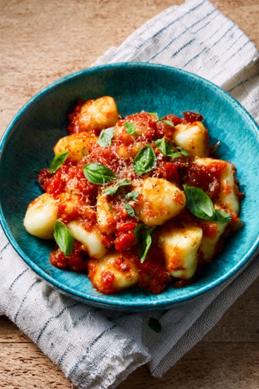 Homemade ricotta gnocchi with tomato sauce in blue bowl