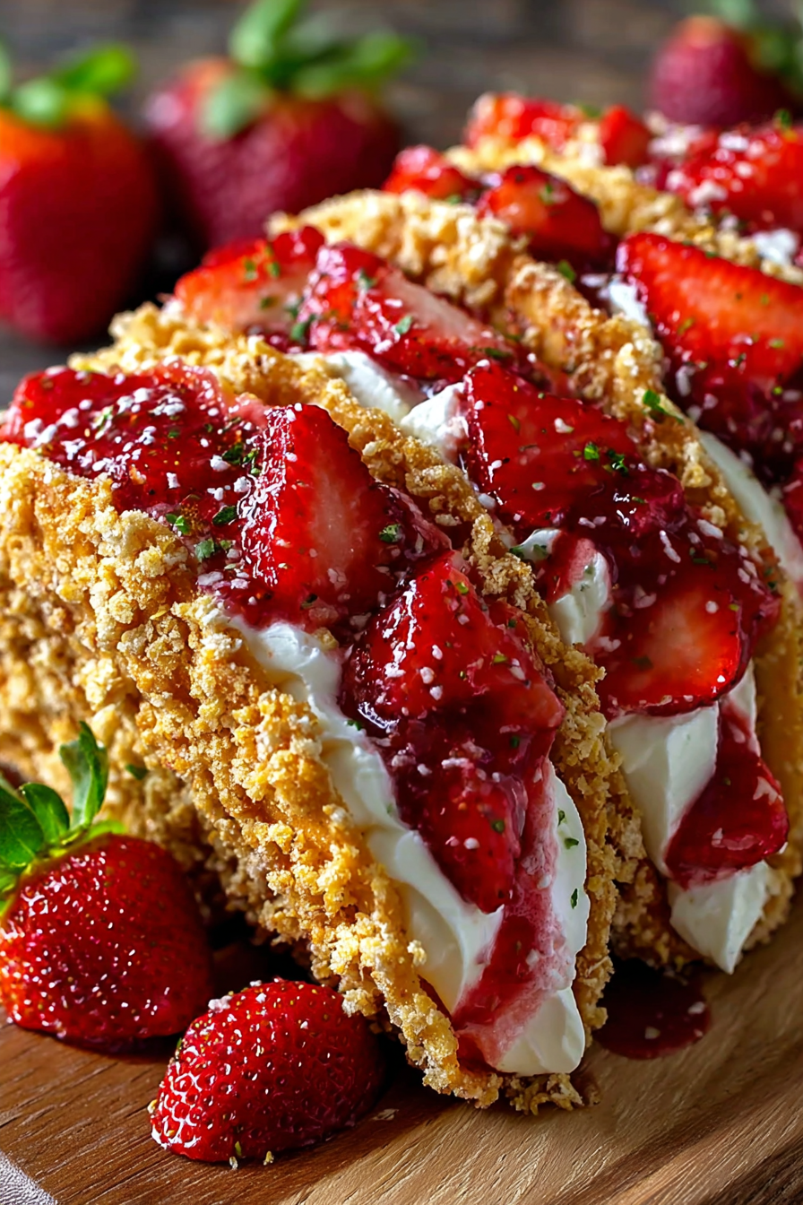 Strawberry Crunch Cheesecake Tacos with fresh strawberries