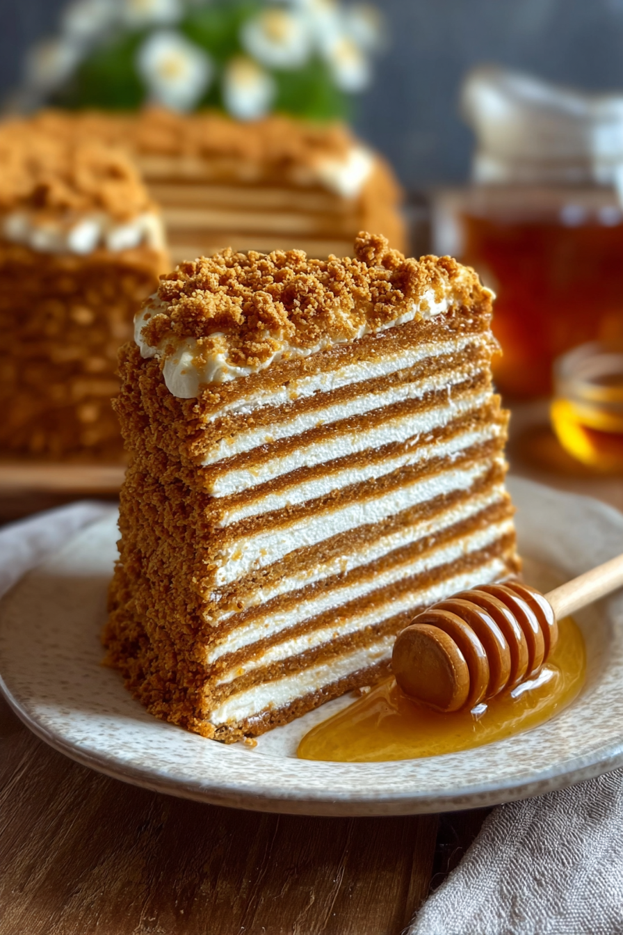 Authentic Russian Honey Cake Medovik with golden layers and cream filling