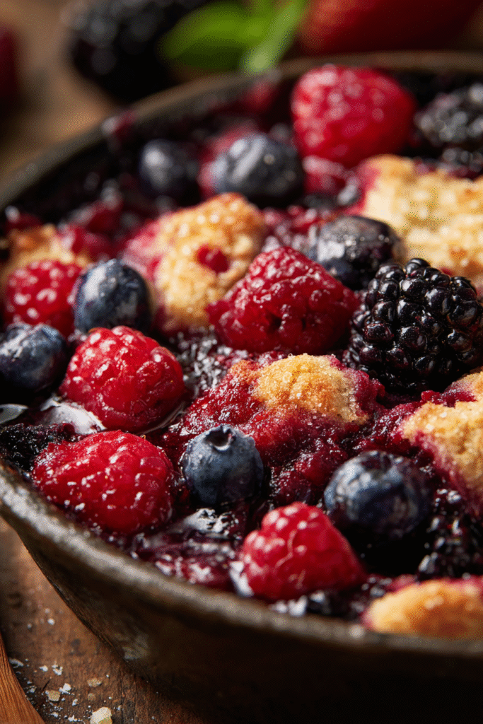 Mixed berry cobbler dessert with blueberries and raspberries