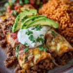Easy cheesy ground beef enchiladas served with rice and toppings
