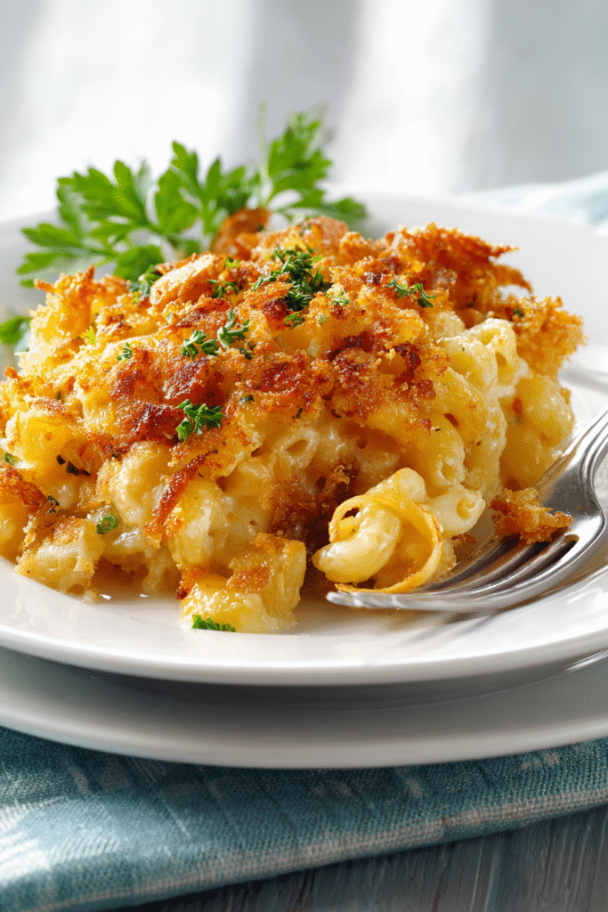 A serving of Gourmet Baked Mac and Cheese with crispy topping and gooey cheese