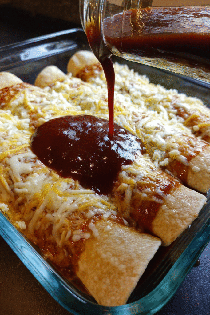 Ground beef enchiladas with sauce before baking