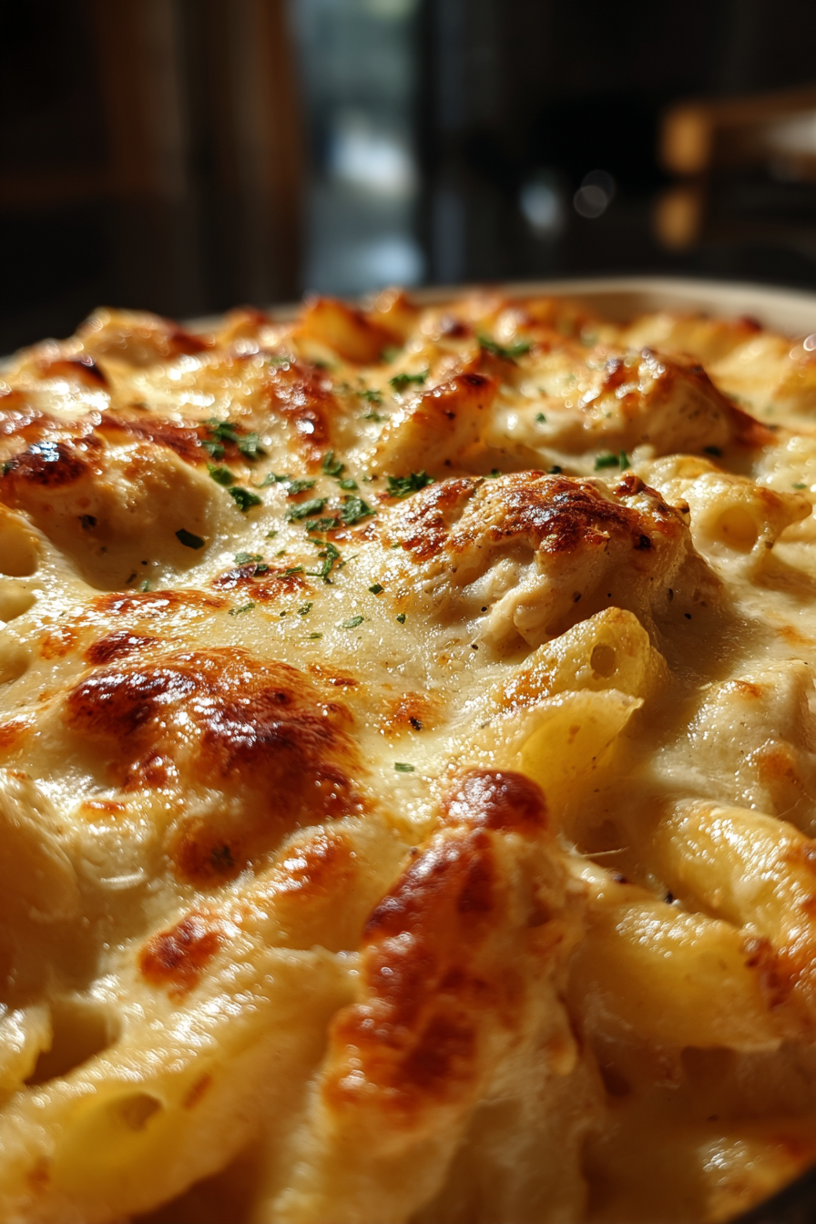 Quick Chicken Alfredo Bake fresh from oven
