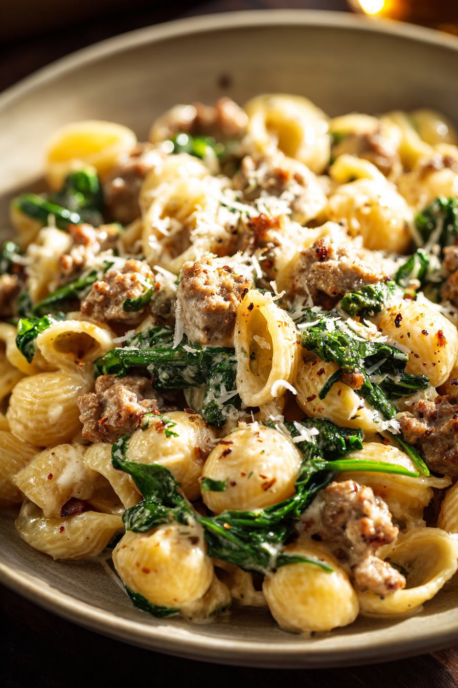 30-minute creamy Tuscan sausage pasta with spinach and Italian sausage