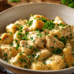 Delicious Creamy Crack Chicken Gnocchi served hot with cheese sauce