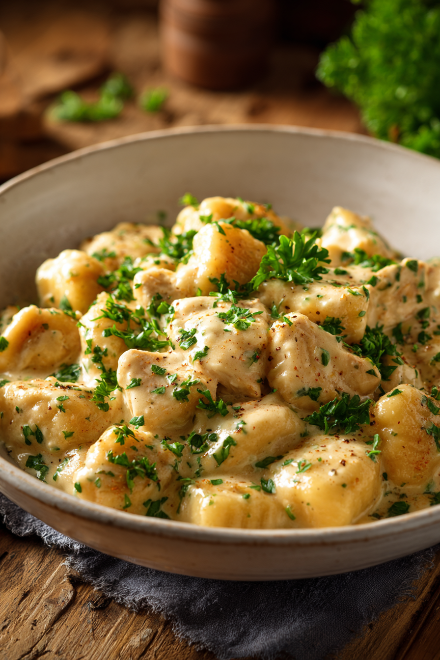 Delicious Creamy Crack Chicken Gnocchi served hot with cheese sauce