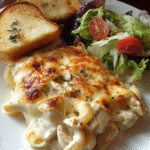 Chicken Alfredo Bake served with garlic bread