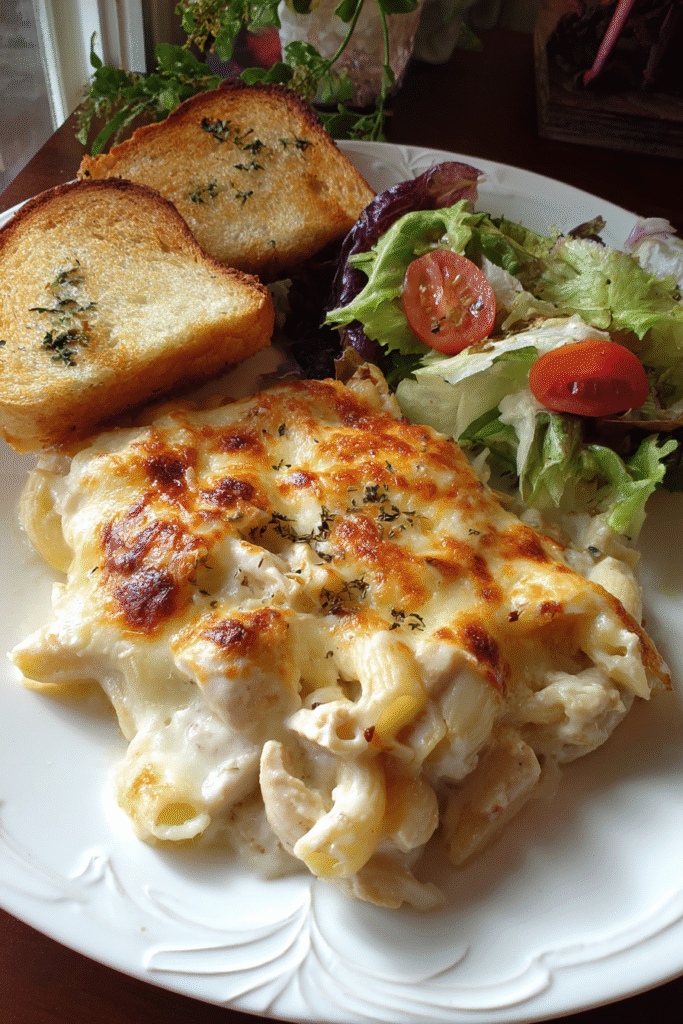 Chicken Alfredo Bake served with garlic bread