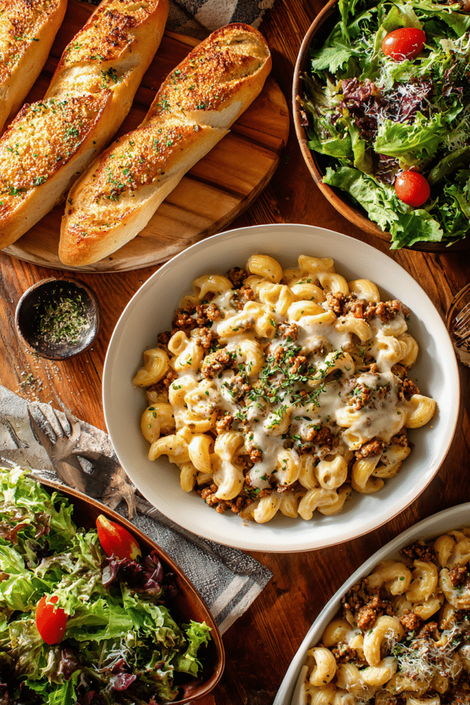 Creamy Tuscan sausage pasta with garlic bread and salad