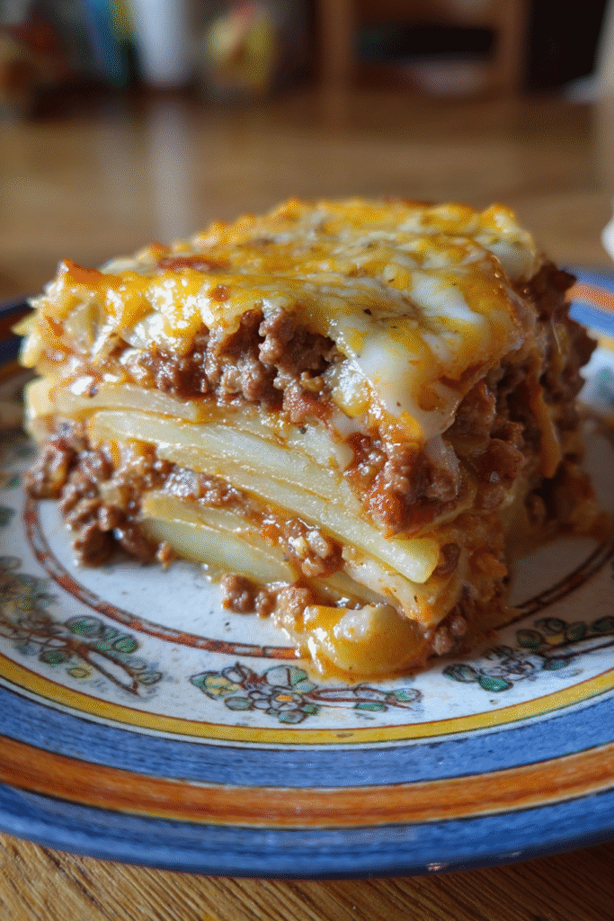 Slice of hobo casserole with ground beef and potatoes