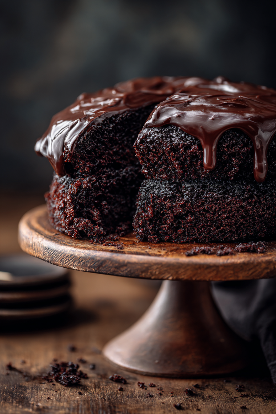 Best Double Chocolate Cake with Black Velvet Icing sliced on cake stand
