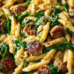 Sausage and spinach pasta in creamy Tuscan sauce