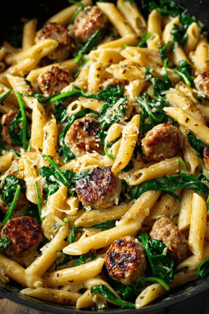 Sausage and spinach pasta in creamy Tuscan sauce