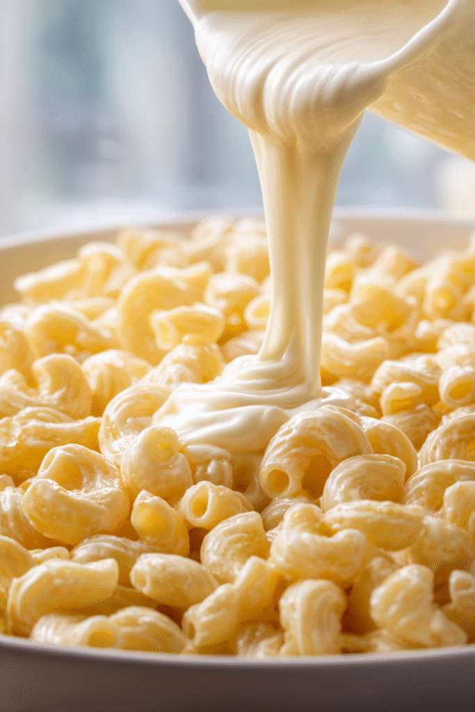 Gooey cheese sauce being poured over macaroni before baking