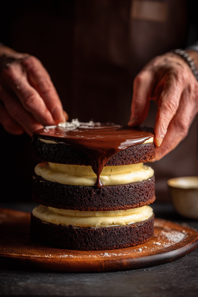 Assembling Chocolate Orange Cheesecake Layer Cake with ganache