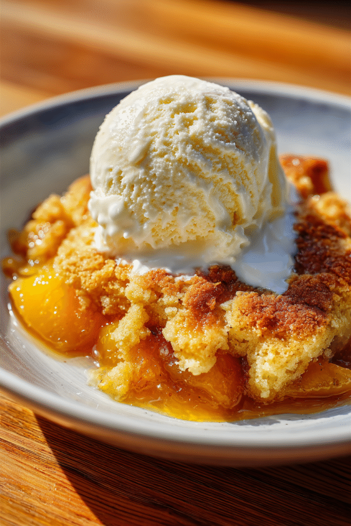 Southern peach cobbler with vanilla ice cream