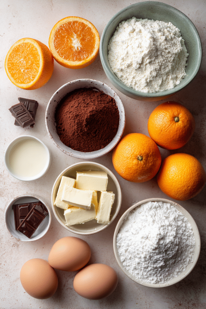 Ingredients for Chocolate Orange Cheesecake Layer Cake