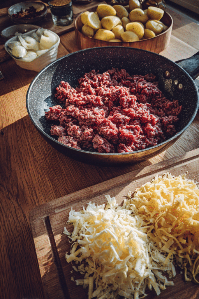 Preparing ground beef and potatoes for hobo casserole