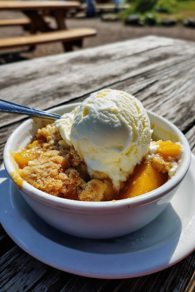 summer peach cobbler dessert with vanilla ice cream