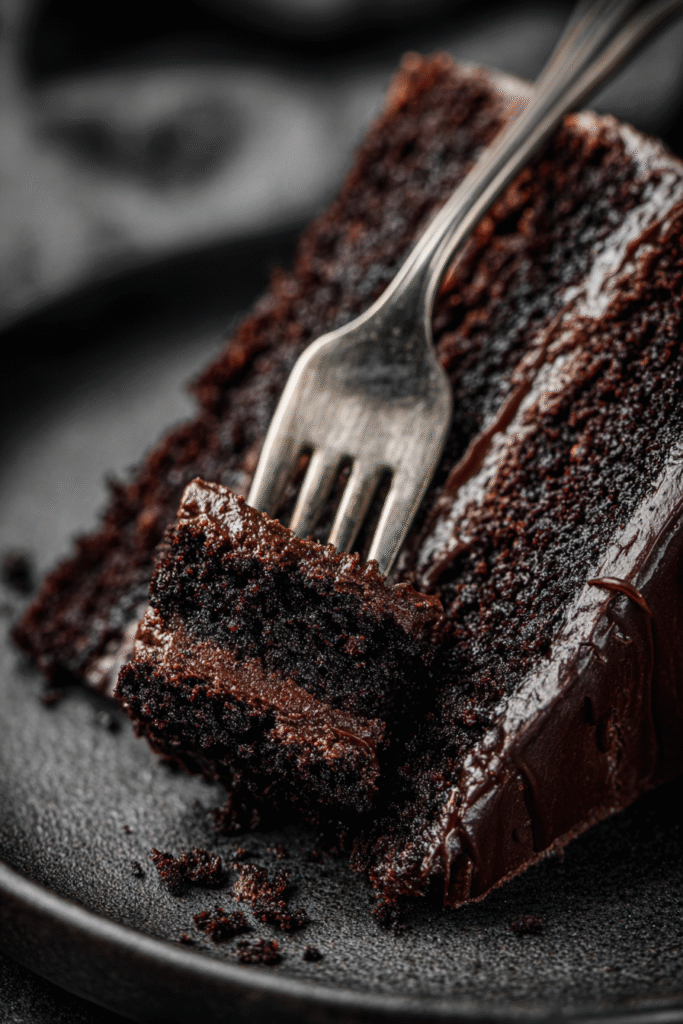 Slice of double chocolate cake with creamy black icing