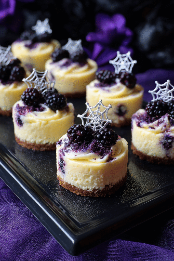 Mini Halloween blueberry cheesecakes with white chocolate drizzle