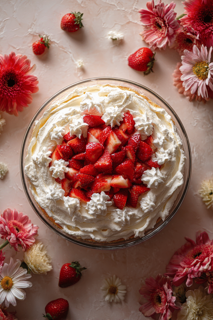 Homemade Tres Leches Cake topped with strawberries and cream