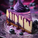 Slice of Halloween blueberry cheesecake with white chocolate