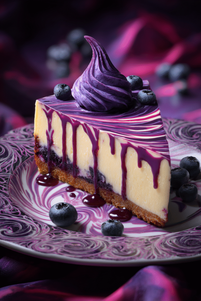 Slice of Halloween blueberry cheesecake with white chocolate