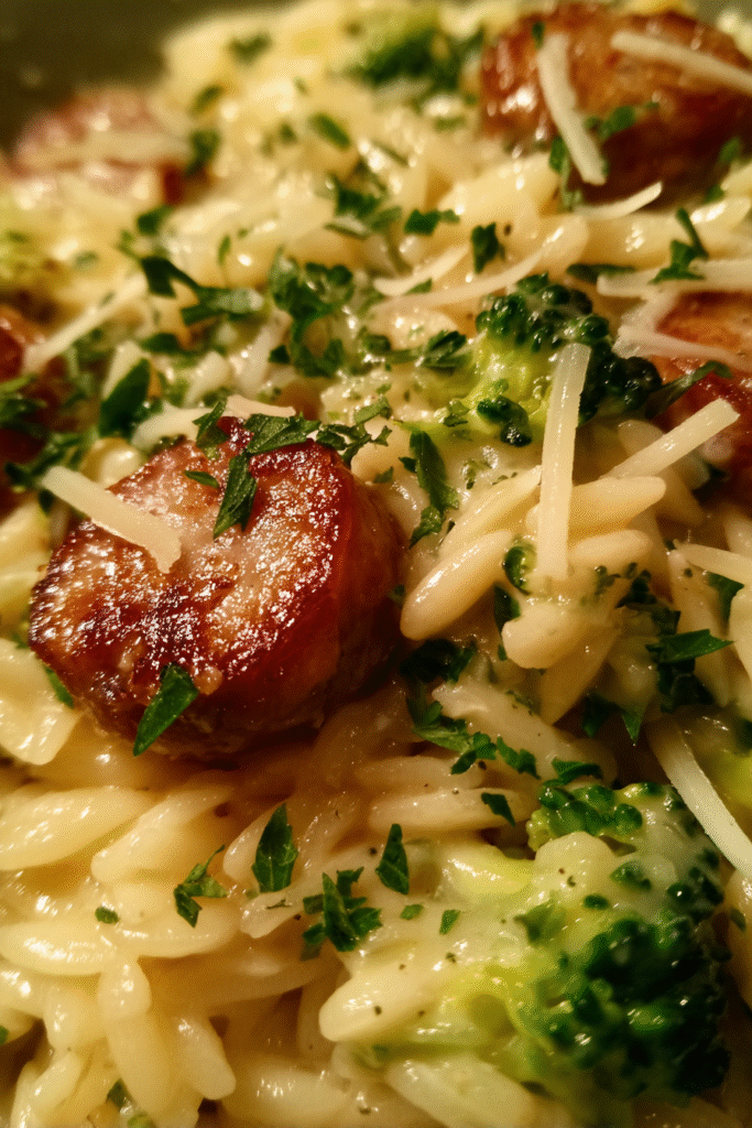Final creamy orzo with chicken sausage and broccoli — Best Orzo Dinner Recipe