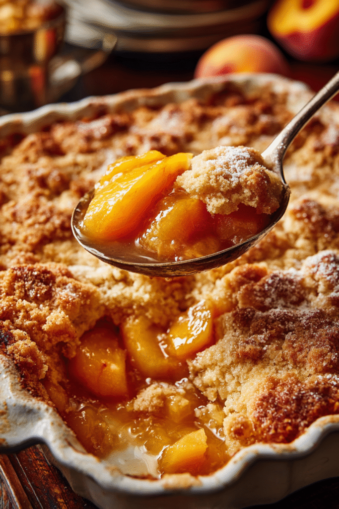 Serving Southern peach cobbler at family table