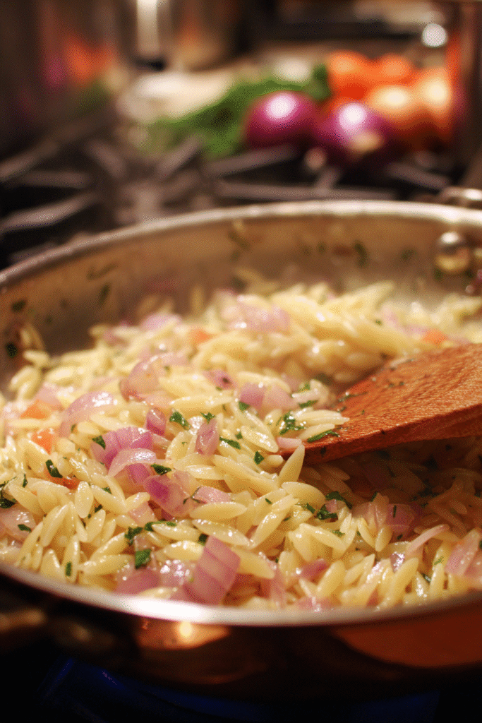 Sautéing onion and garlic for the Best Orzo Dinner Recipe