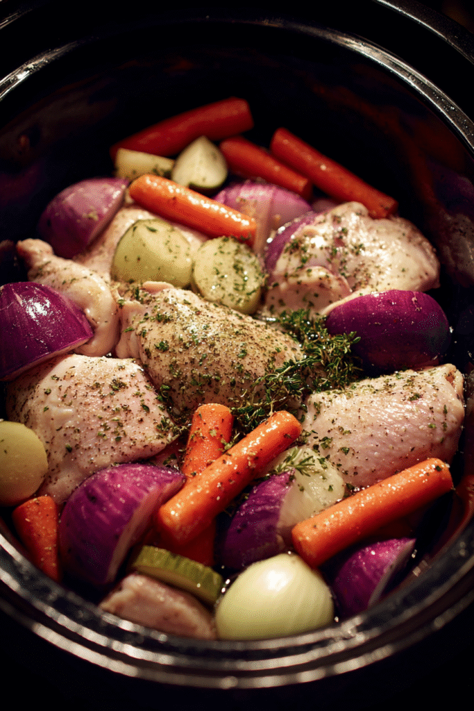 Crockpot chicken preparation with vegetables and broth